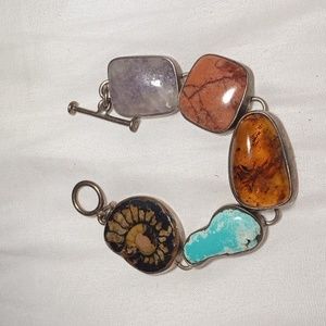 Taxco Gorgeous Chunky sterling silver bracelet with genuine natural gemstones
